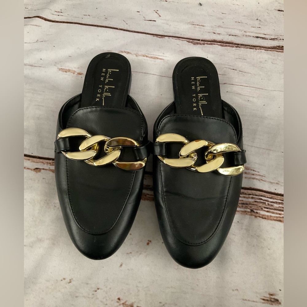 NICOLE‎ MILLER FAUX LEATHER APPLIE MULES